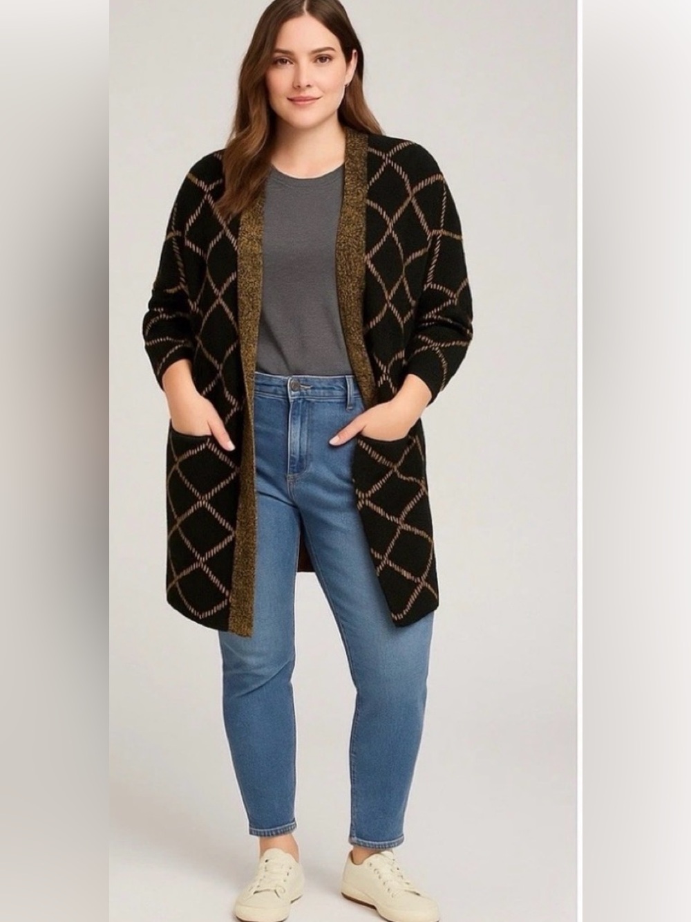 Chelsea &Theodore Plus Size 2X Women Open Front Cardigan Sweater Diamond Pat NWT